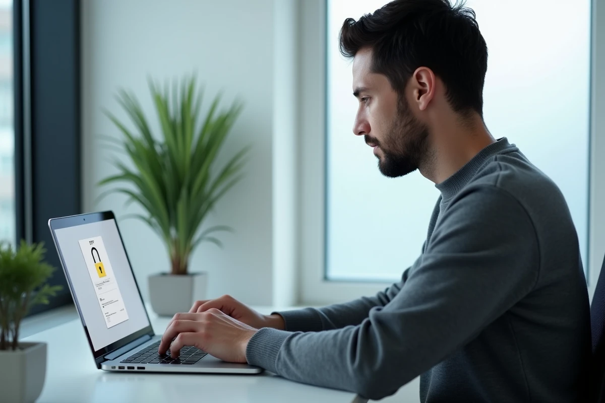 Homme protégeant un document PDF par mot de passe sur un ordinateur portable au bureau