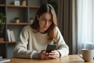 Femme consultant une publicité ciblée sur son smartphone dans un bureau à domicile, illustrant les enjeux de la publicité sur les réseaux sociaux