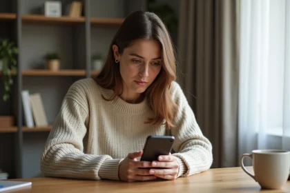 Femme consultant une publicité ciblée sur son smartphone dans un bureau à domicile, illustrant les enjeux de la publicité sur les réseaux sociaux