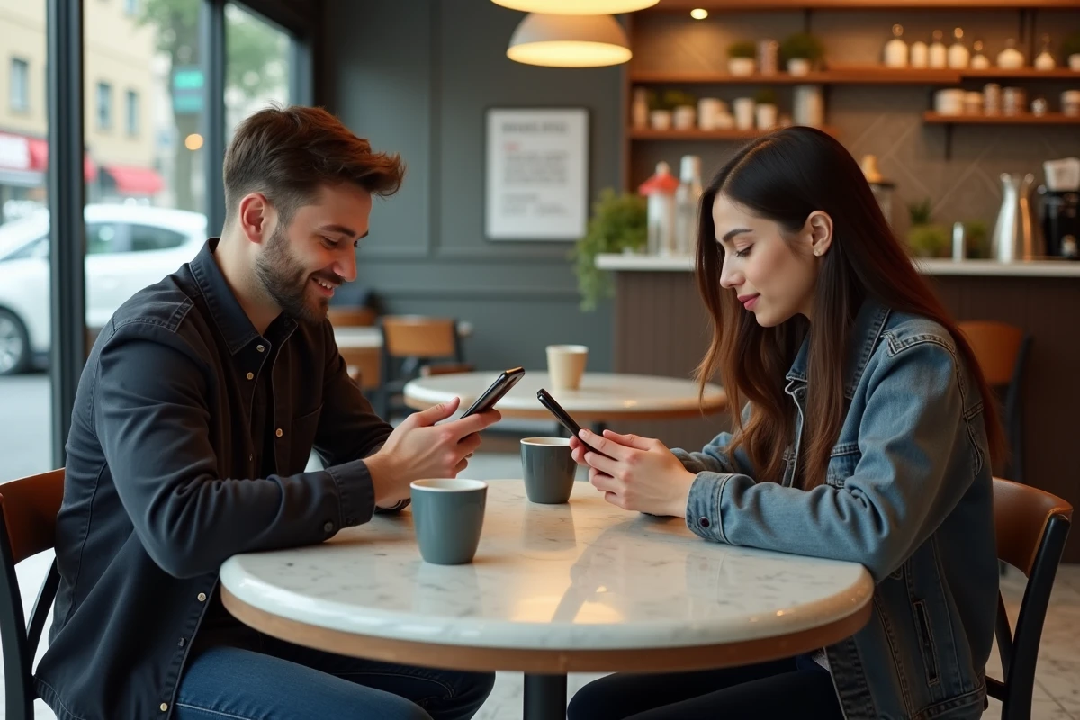 Deux personnes dans un café regardant des publicités personnalisées sur leurs téléphones, symbolisant le ciblage individuel par les données des médias sociaux