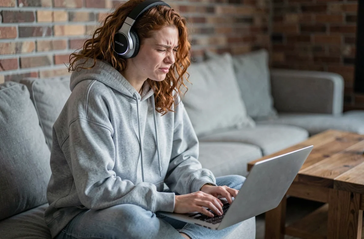 Femme écoutant un son distordu avec un casque après conversion de vidéo en MP4