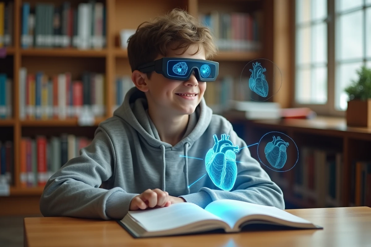 Adolescent portant des lunettes de réalité augmentée pour visualiser des diagrammes anatomiques en 3D dans une bibliothèque scolaire