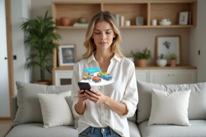 Femme utilisant la réalité augmentée sur smartphone pour visualiser des meubles en 3D dans un salon moderne