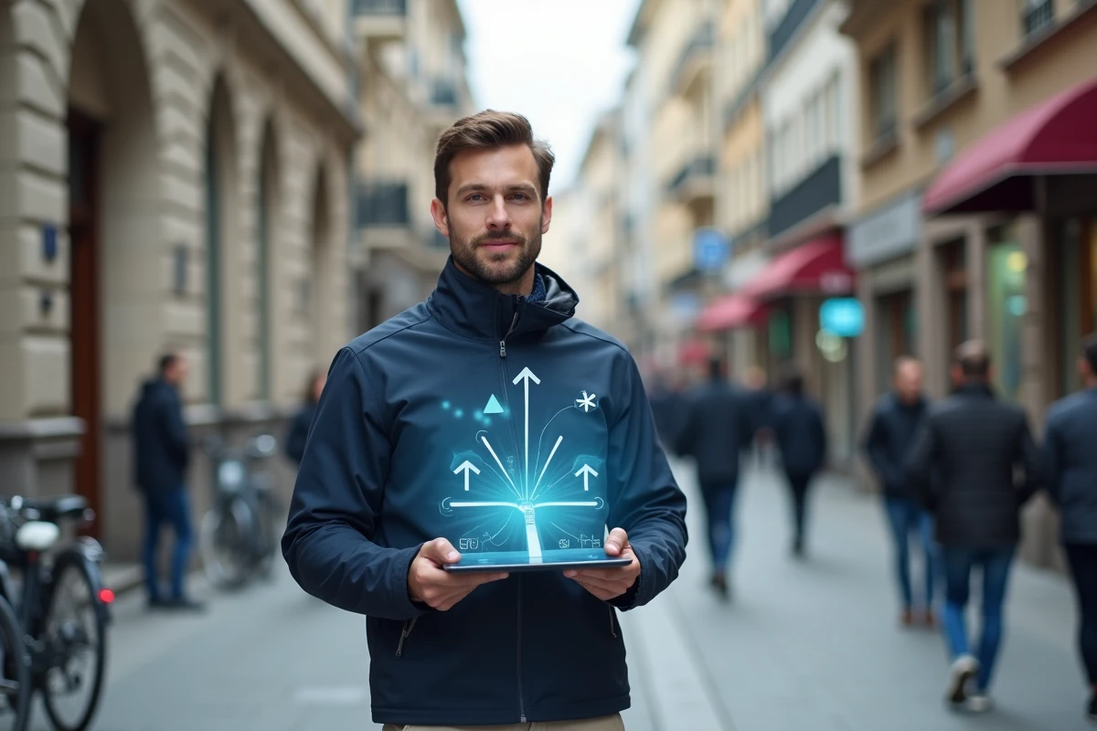 Homme utilisant la réalité augmentée sur tablette pour la navigation en ville avec des flèches directionnelles superposées