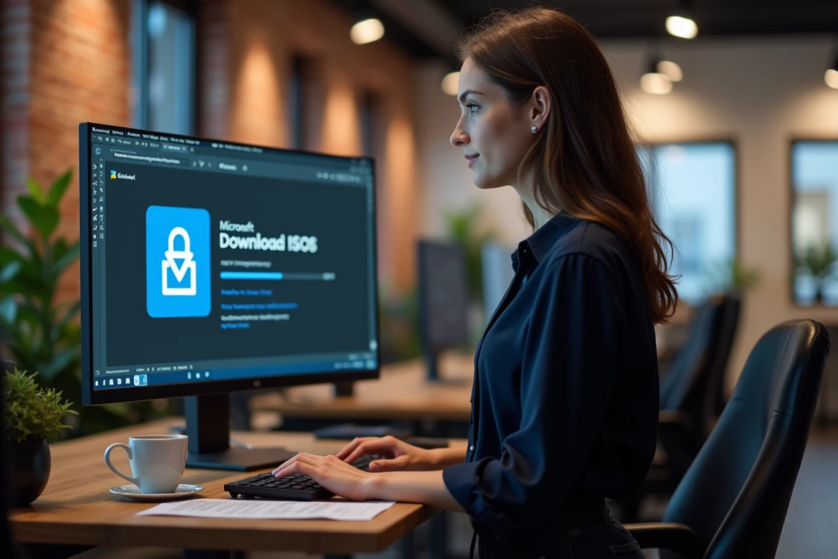 Femme récupérant un fichier ISO de Windows 7 légalement sur un ordinateur de bureau dans un espace de coworking