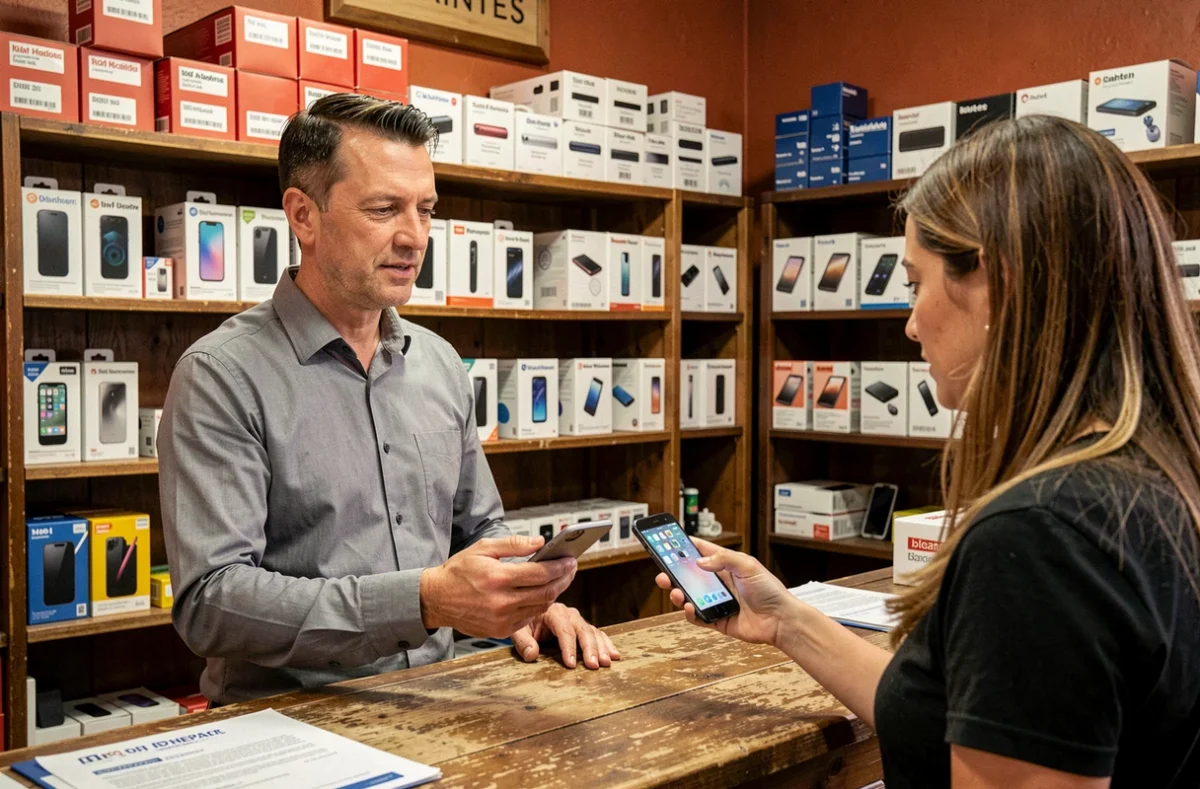 Propriétaire de Reine Télécom SARL à Saintes présentant un téléphone réparé à une cliente au comptoir de la boutique