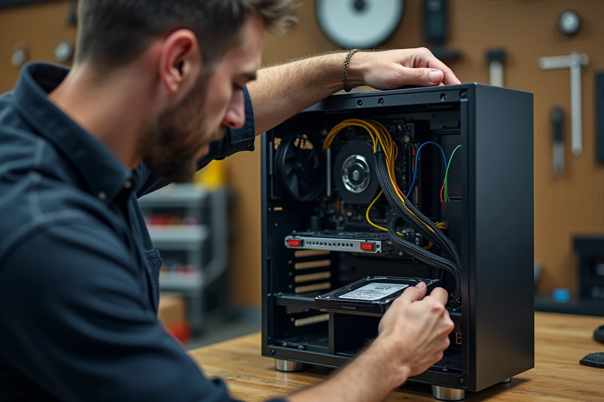 Technicien remplaçant un disque dur HDD par un SSD pour accélérer un ordinateur de bureau