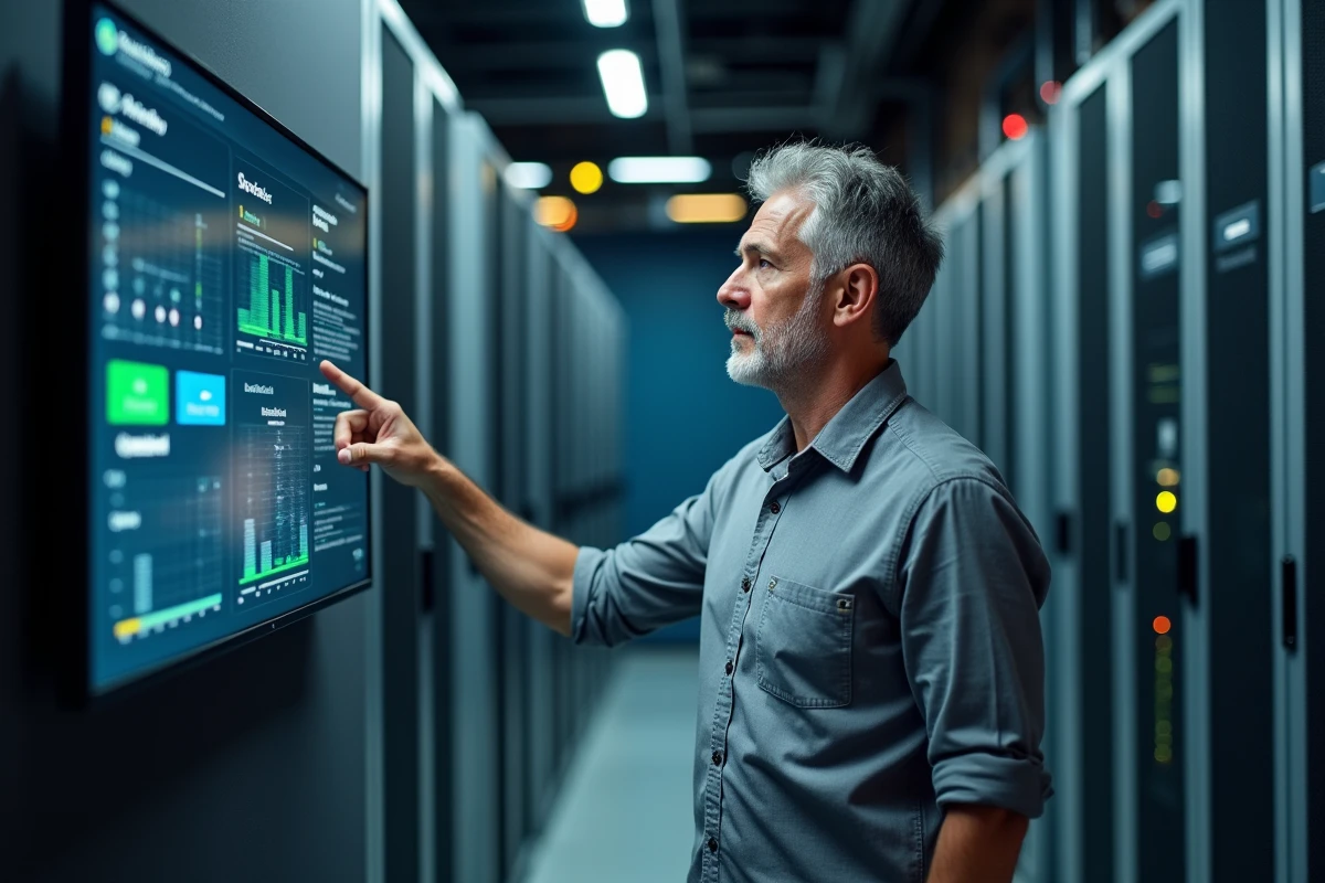 Responsable informatique présentant un tableau de bord de sécurité réseau à son équipe dans une salle de serveurs