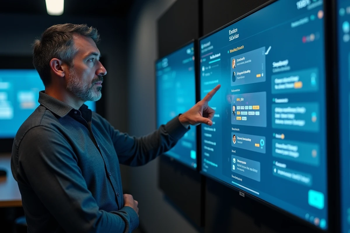 Un responsable d'équipe présentant un tableau de bord de chatbot sur un écran tactile dans une salle d'opérations technologique