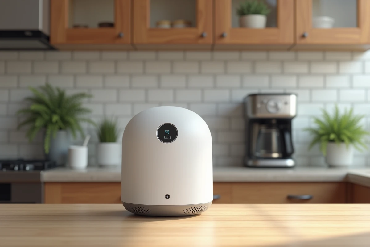 Robot domestique assistant posé sur un plan de travail dans une cuisine moderne contemporaine