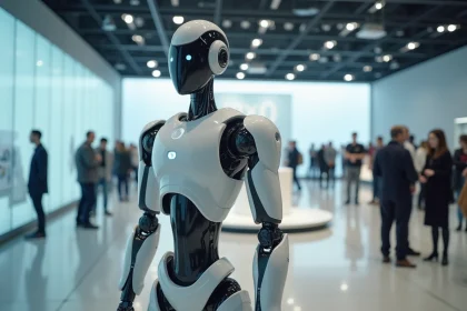 Robot humanoïde exposé dans un salon technologique moderne entouré de visiteurs curieux