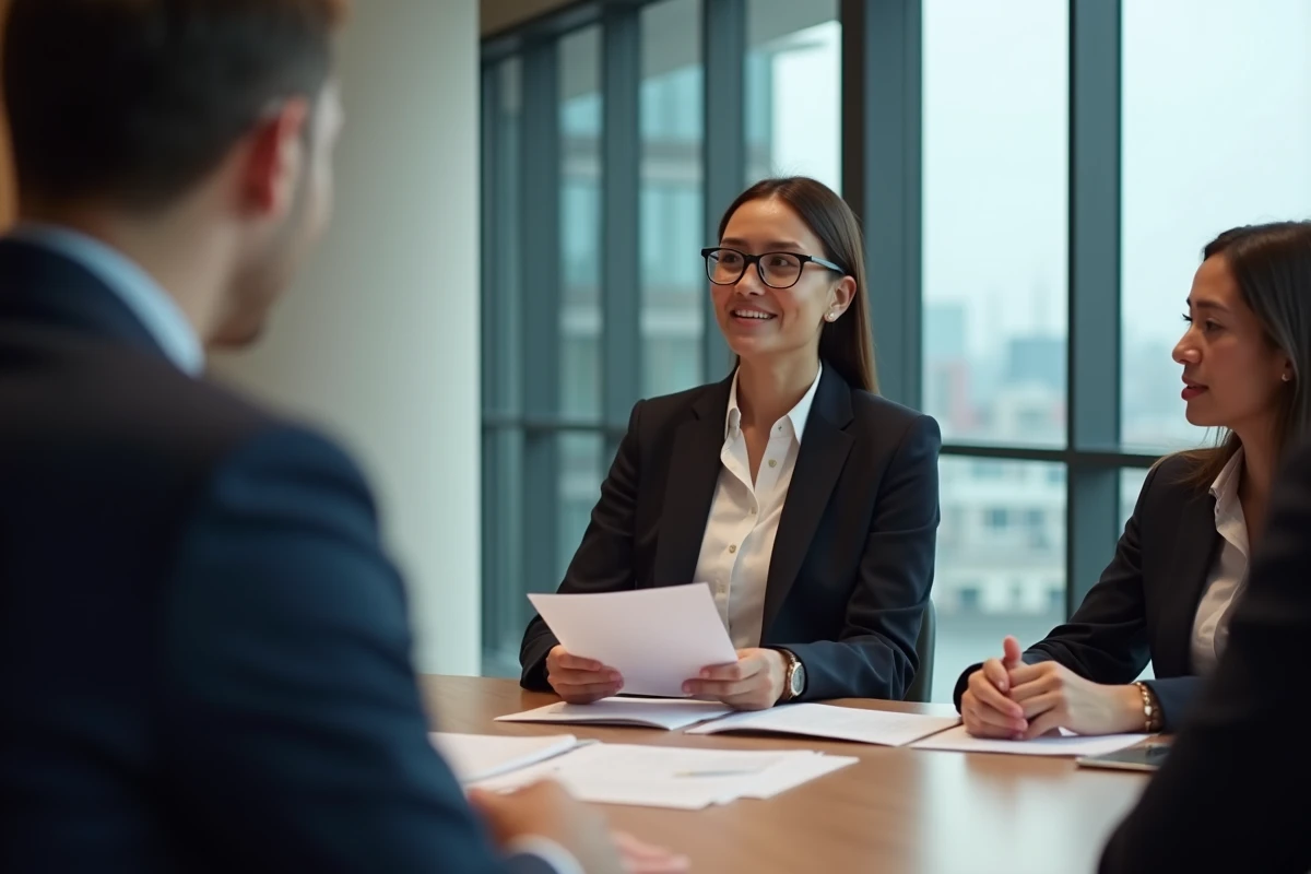 RSSI féminine présentant une stratégie de gestion des risques informatiques en salle de réunion d'entreprise