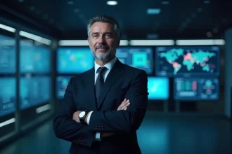 RSSI en costume sombre debout devant un tableau de bord de cybersécurité dans un centre opérationnel moderne