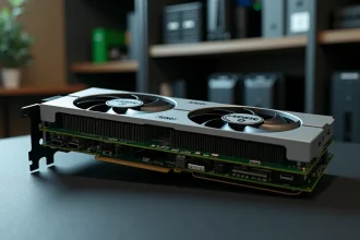 Carte graphique NVIDIA RTX 3050 posée sur un plan de travail sombre dans un atelier PC, vue en angle 3/4 révélant le dissipateur thermique et les ventilateurs
