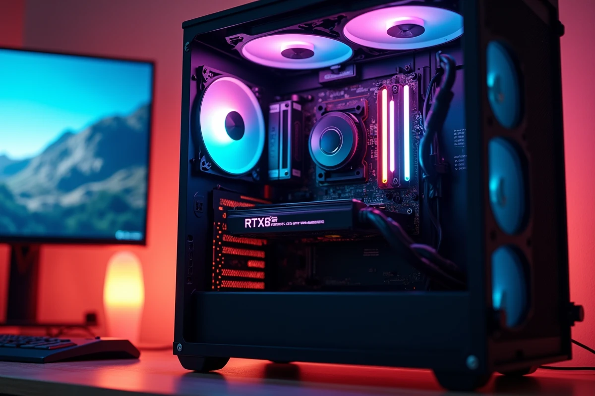 PC gamer avec panneau latéral ouvert montrant une RTX 3050 installée dans un boîtier mid-tower sur un bureau à domicile