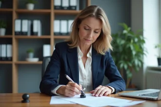 Femme professionnelle apposant un cachet officiel sur un document sécurisé dans un bureau moderne