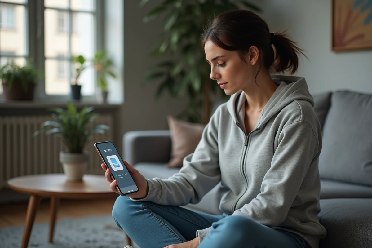 Femme sélectionnant un protocole VPN sur son smartphone dans un salon moderne