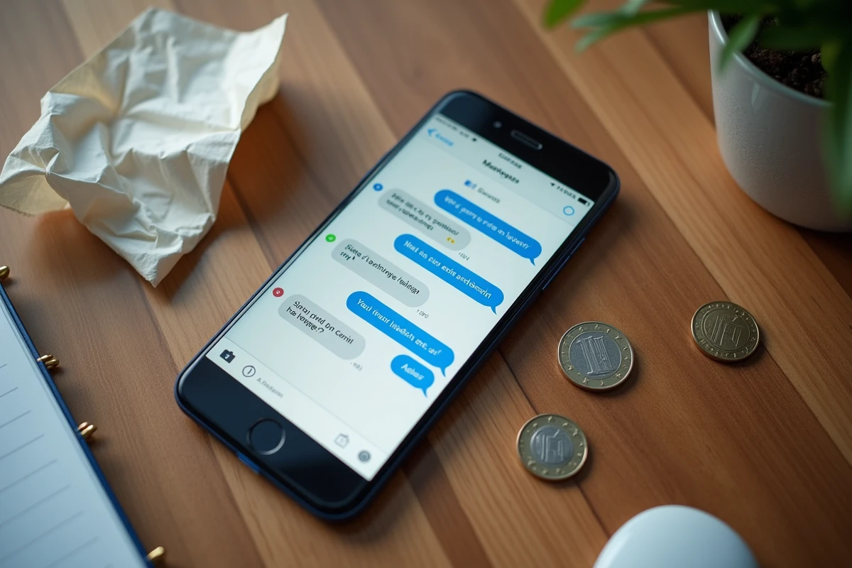 Vue aérienne d'un smartphone avec conversation SMS, pièces en euros et reçu illustrant le coût des messages texte