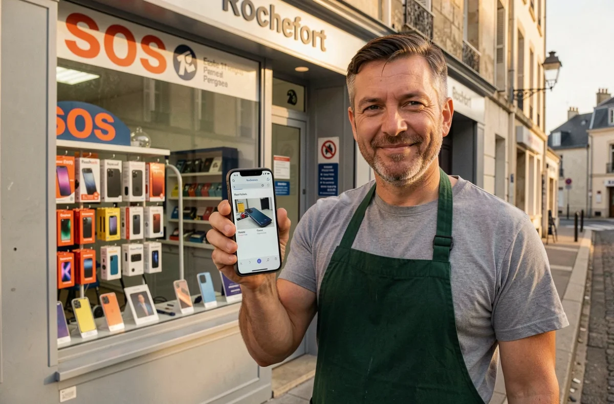 Technicien de SOS Phone Rochefort tenant un smartphone réparé devant la devanture de sa boutique de réparation à Rochefort