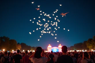 Spectacle de drones lumineux au-dessus d'une foule lors d'un festival en plein air, public réagissant au bruit ambiant