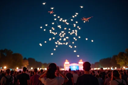 Spectacle de drones lumineux au-dessus d'une foule lors d'un festival en plein air, public réagissant au bruit ambiant