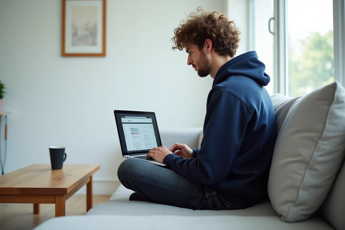 Développeur web travaillant sur une stratégie mobile first avec wireframes responsives sur laptop en télétravail