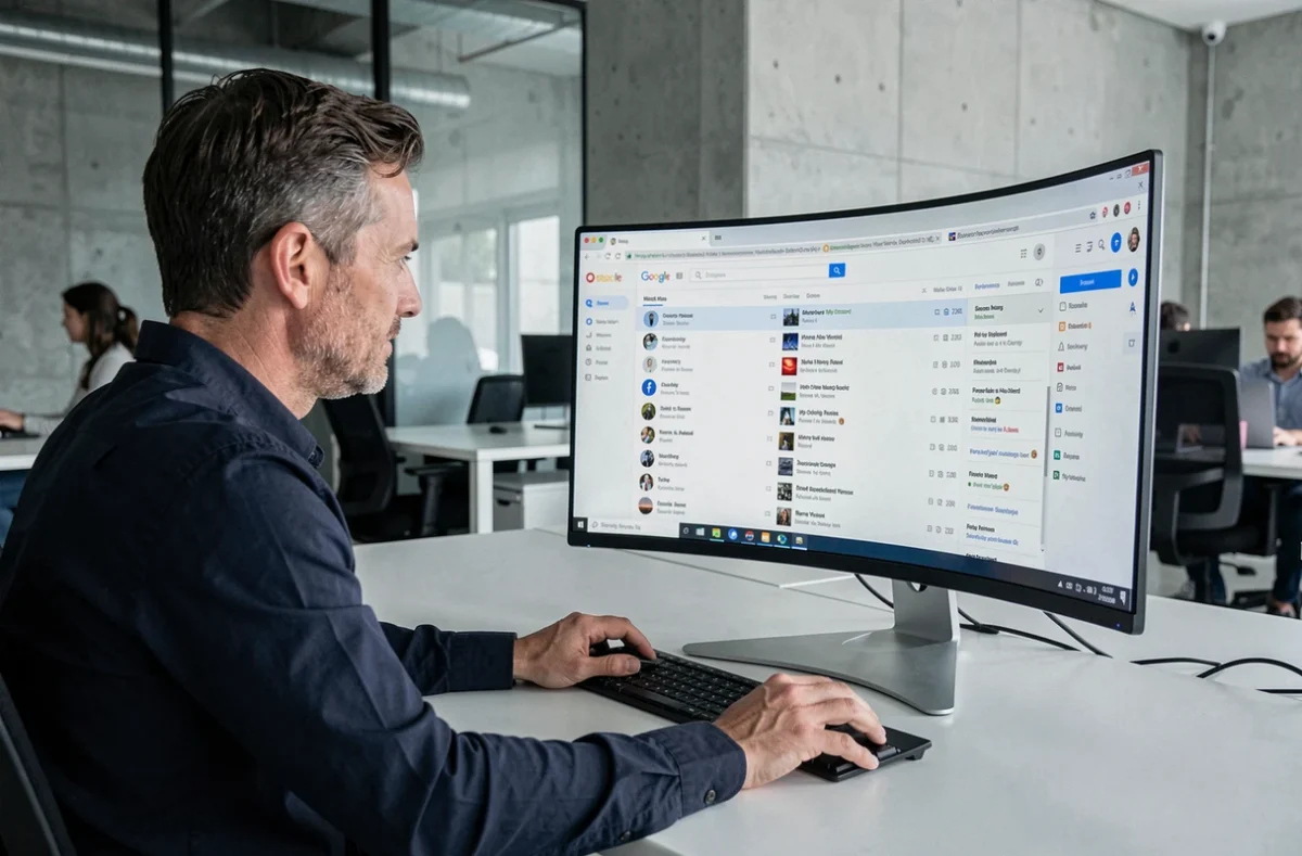 Homme consultant et supprimant son historique d'activité Google sur un grand écran de bureau au travail