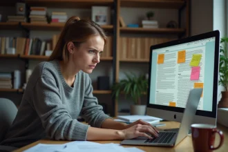 Femme confuse face à une surcharge d'informations sur Internet, assise à un bureau encombré avec plusieurs onglets ouverts sur un ordinateur portable