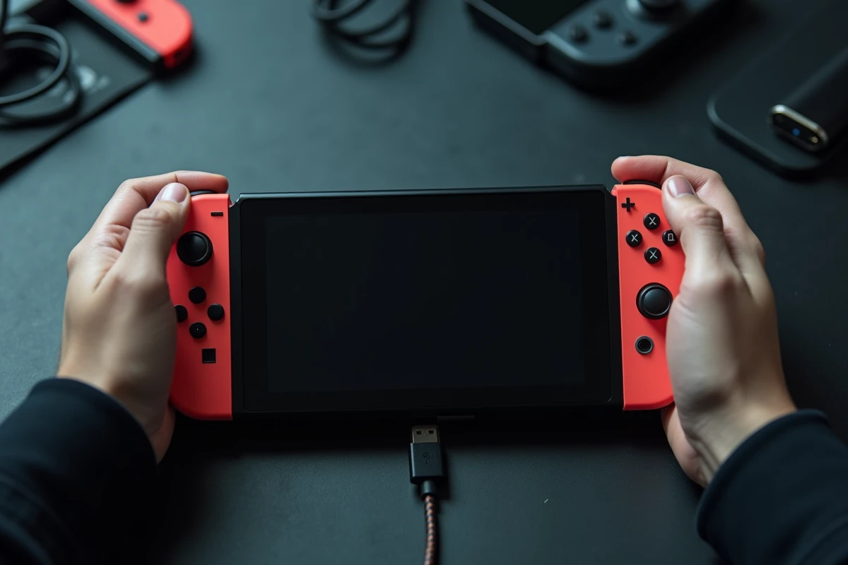 Mains tenant une Nintendo Switch éteinte avec un câble USB-C débranché sur une surface sombre, évoquant une panne de chargement