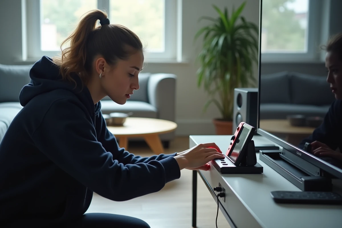 Jeune femme inspectant le dock d'une Nintendo Switch branché à une télévision sans signal dans un salon moderne