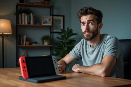 Homme perplexe face à une Nintendo Switch avec écran noir posée sur un bureau en bois avec son dock débranché