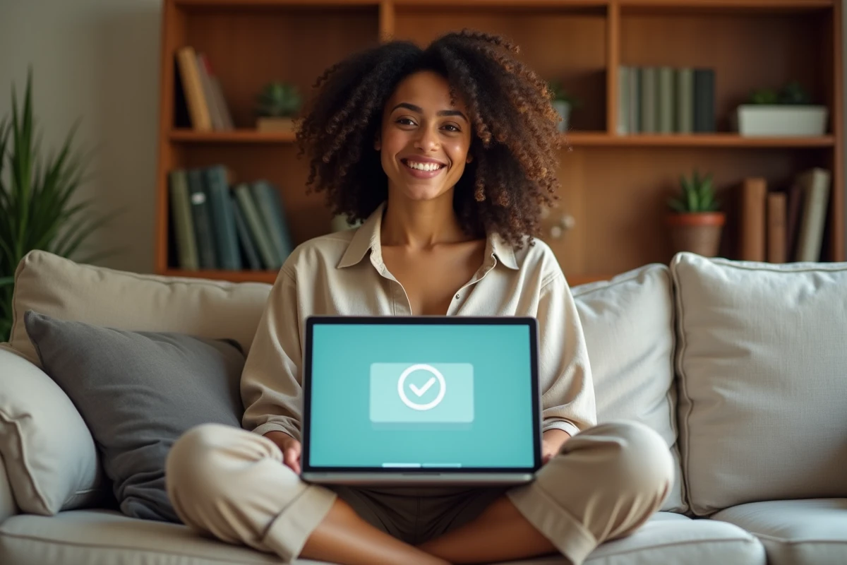 Femme explorant un système d'exploitation ChromeOS sur laptop et mise à jour mobile sur tablette à domicile