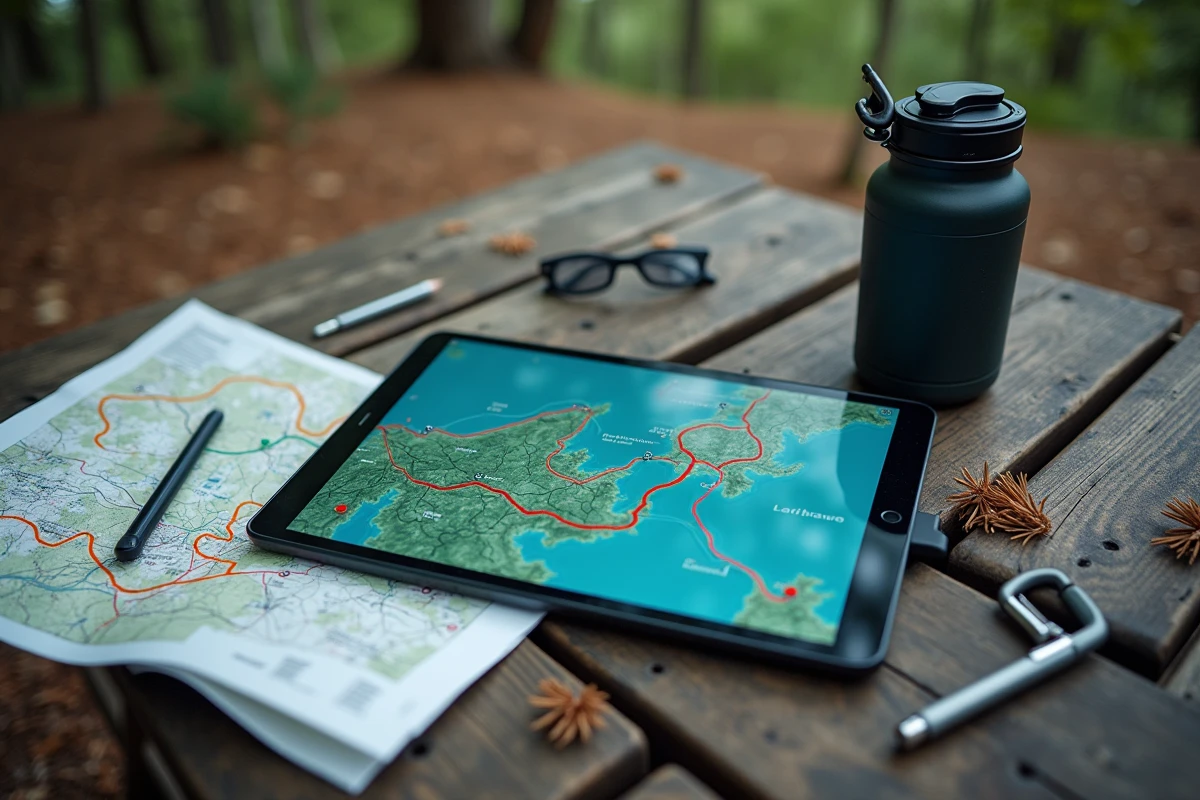 Vue aérienne d'une tablette affichant des traces GPX fusionnées sur une table en bois en plein air avec une carte papier