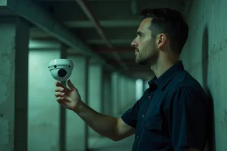 Technicien inspectant une caméra de surveillance infrarouge dans un couloir sombre pour tester sa vision nocturne