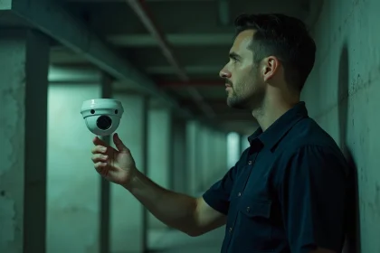 Technicien inspectant une caméra de surveillance infrarouge dans un couloir sombre pour tester sa vision nocturne