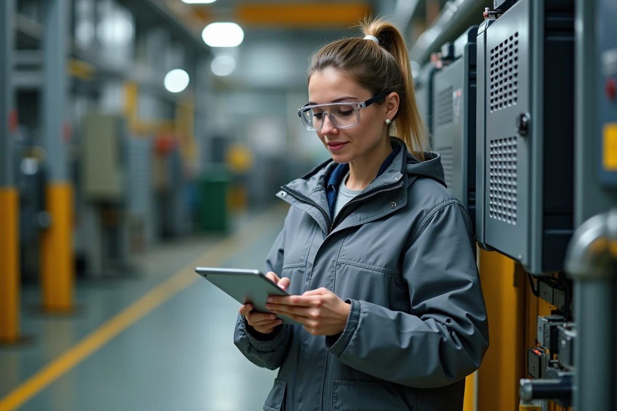 Technicienne informatique configurant un appareil d'edge computing robuste installé sur le sol d'une usine de production