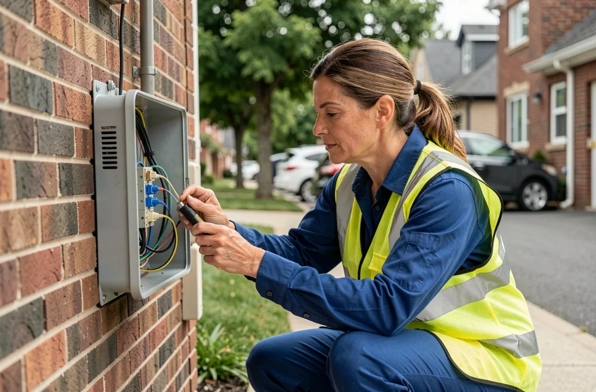 Technicienne SFR inspectant un boîtier fibre optique sur la façade d'une maison en zone résidentielle