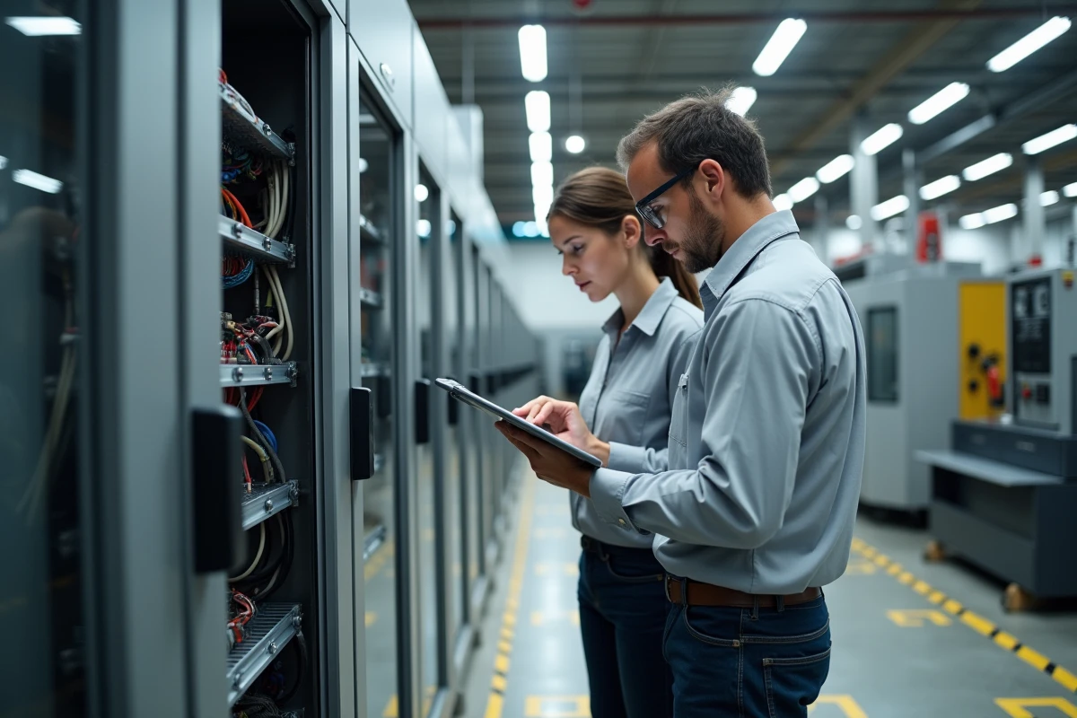 Deux techniciens en automatisation analysant un système de contrôle de mouvement centralisé dans une armoire industrielle sur un site de production