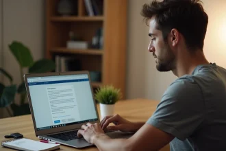 Homme téléchargeant légalement Windows 7 en ISO depuis un ordinateur portable dans un bureau à domicile