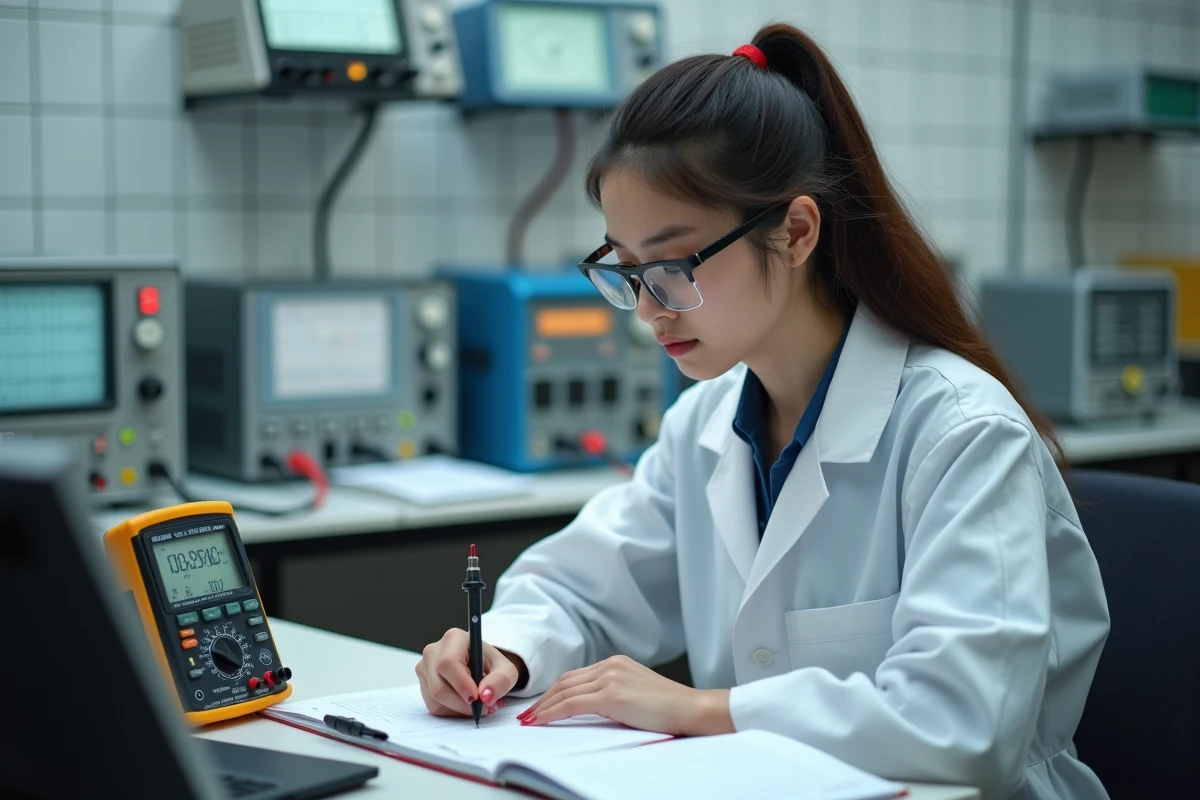 Étudiante en électronique mesurant la durée de vie d'une résistance avec un multimètre en laboratoire universitaire