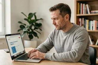 Homme vérifiant son éligibilité à la fibre SFR sur un ordinateur portable dans un bureau à domicile