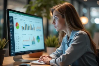 Femme utilisant un utilitaire d'analyse de données sur Excel dans un bureau moderne