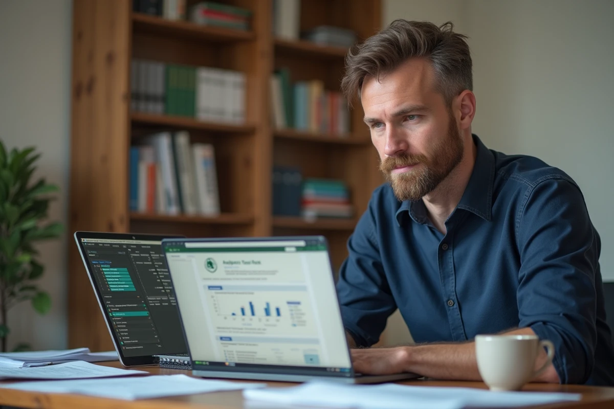 Homme accédant à l'utilitaire d'analyse Excel sur son ordinateur portable depuis un bureau à domicile