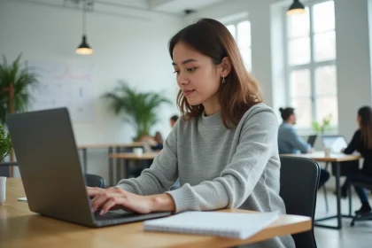 Une femme travaillant sur l'expérience utilisateur d'un site web devant un ordinateur portable dans un bureau moderne