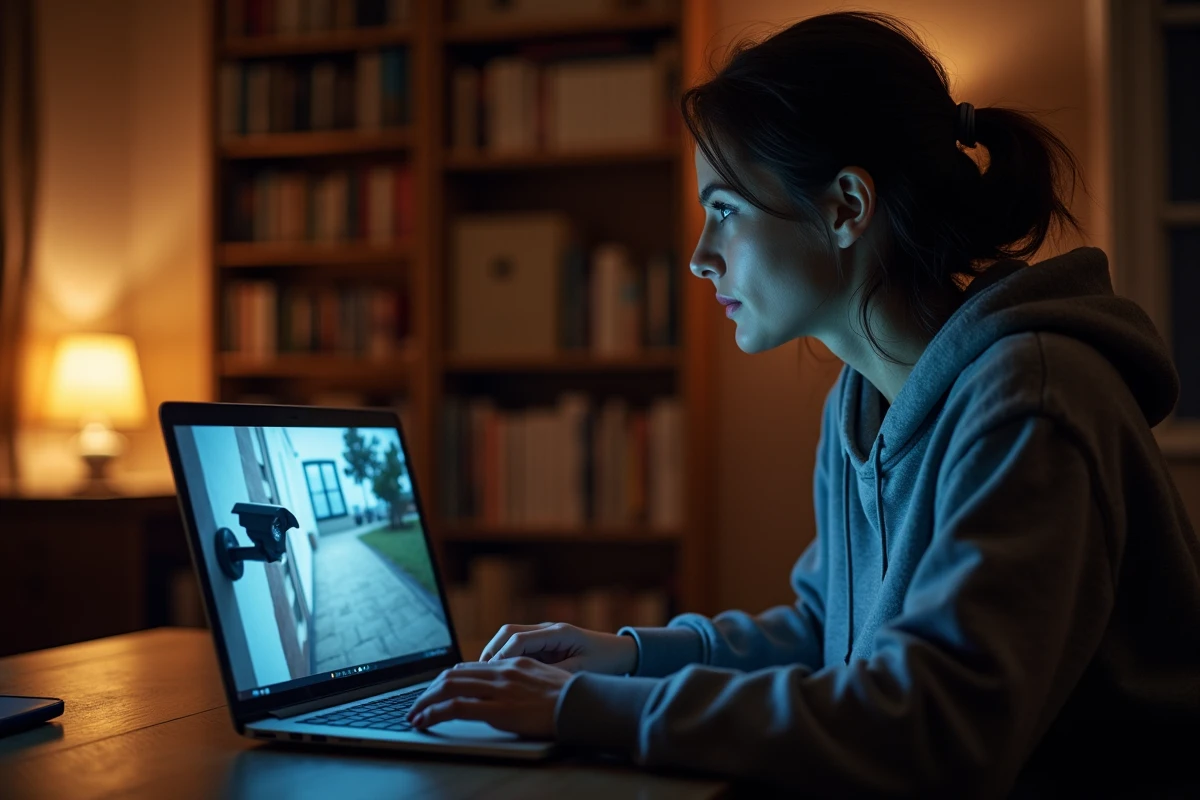 Femme vérifiant la vision nocturne d'une caméra de sécurité domestique sur son ordinateur portable dans un bureau sombre