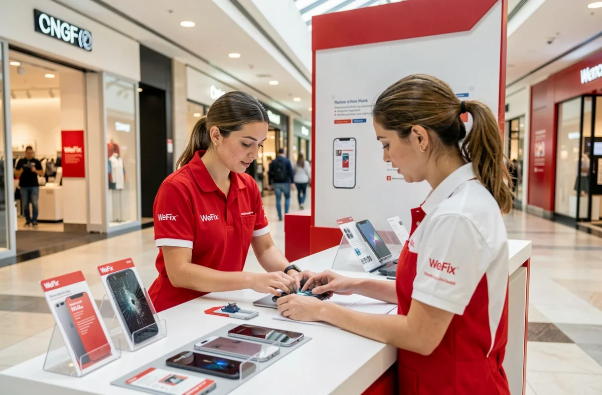 Technicienne WeFix à La Rochelle remplaçant l'écran fissuré d'un smartphone dans un kiosque moderne