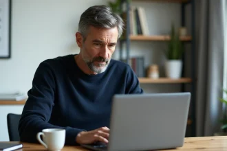 Homme utilisant un ordinateur portable sous Windows 11 avec une alerte de sécurité visible à l'écran