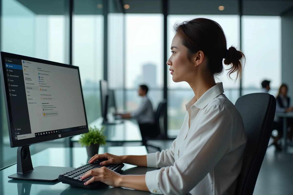 Femme en entreprise consultant les paramètres de sécurité Windows 11 sur un grand écran de bureau